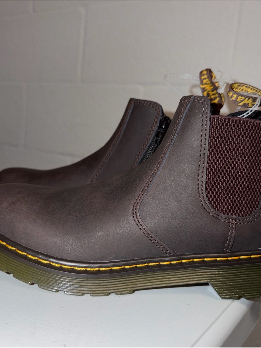 Dr. Martens Brown Chelsea Slip-On Boots with Yellow Stitching